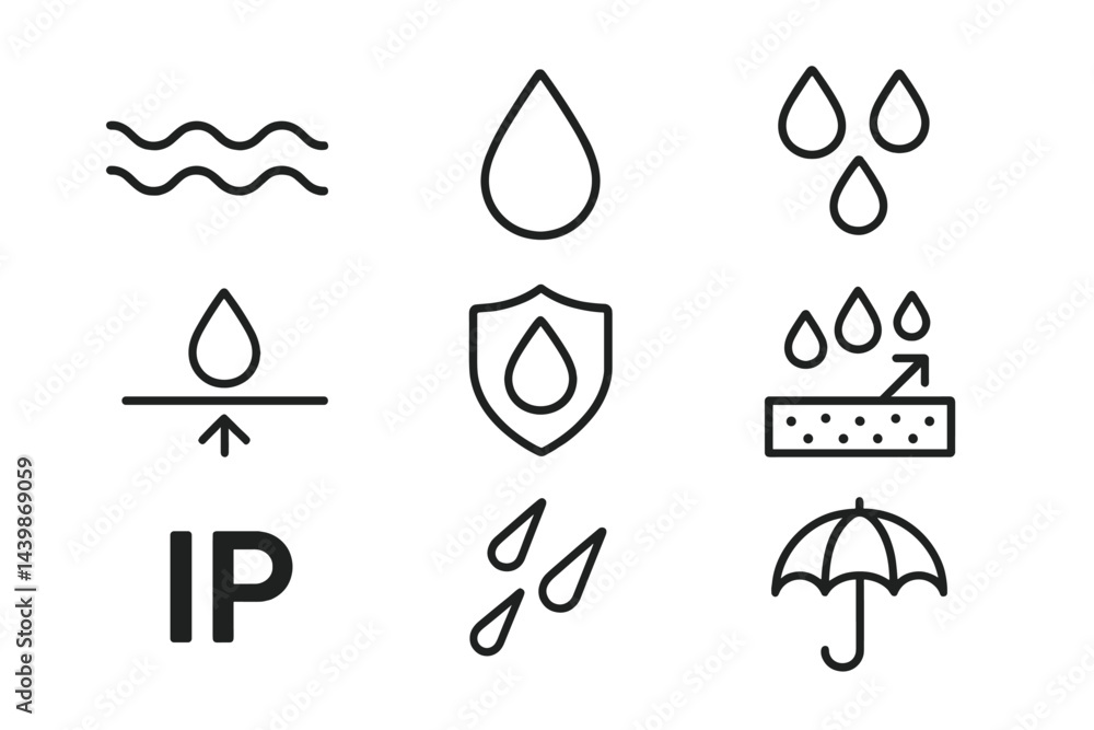 Aufkleber set of web icons in line style featuring water symbols, protection, and drainage indicators for vari
