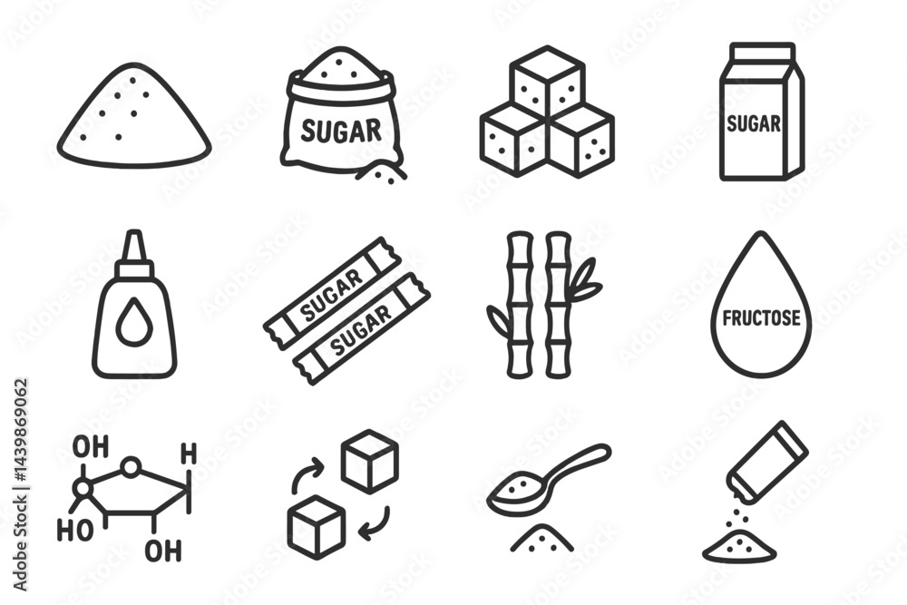 Poster Collection of web icons depicting various forms of sugar and sweeteners in line style for digital design projects