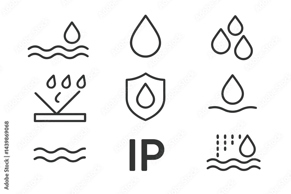 Poster web icons designed in line style featuring water droplets, waves, and waterproof protection symbols 