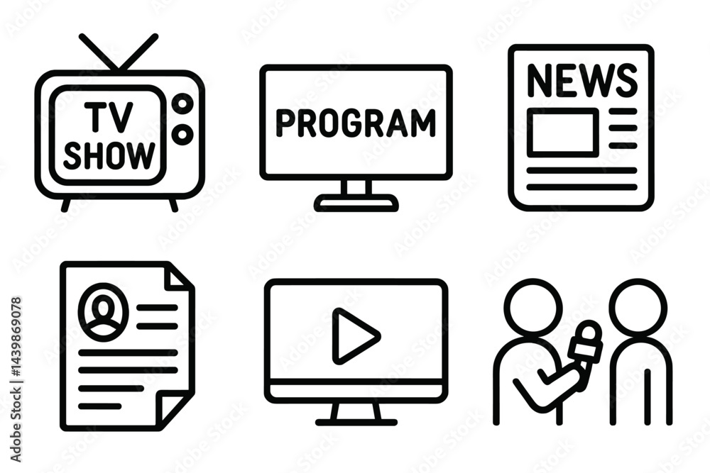 Poster collection of web icons representing television, news, and media in line art style for digital desig
