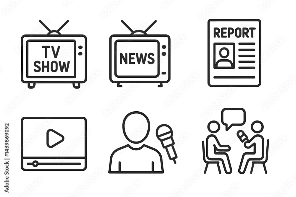 Poster collection of web icons depicting media elements such as tv shows, news, reports, video content, int