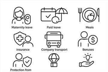 Collection of web icons illustrating various employee benefits including maternity leave, paid leave, and bonuses