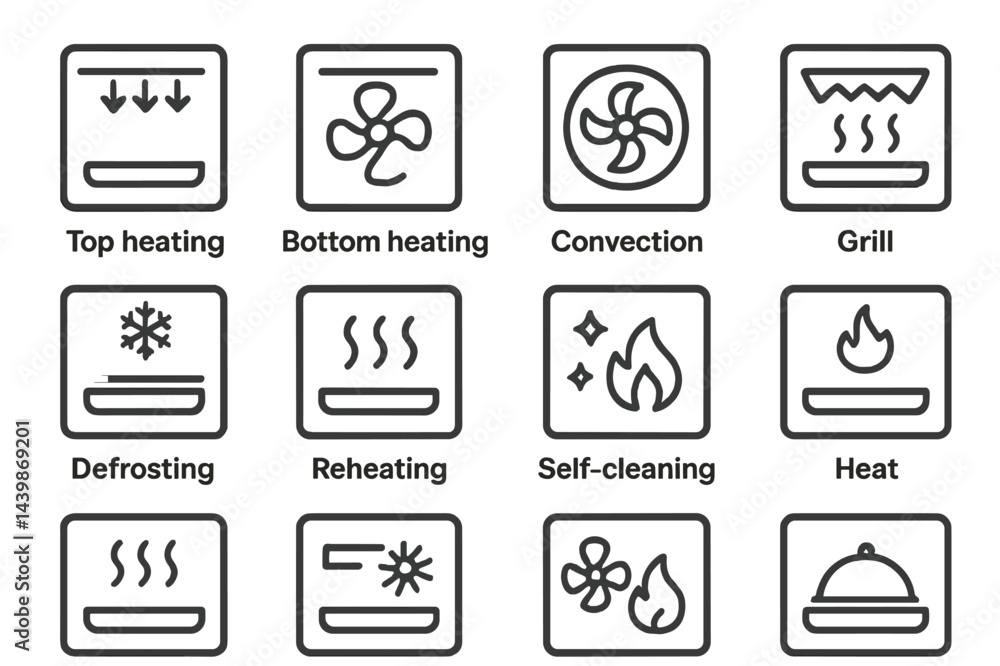Fototapete Set of web icons representing various heating and cooking functions in line style for easy recognition and utilization by users