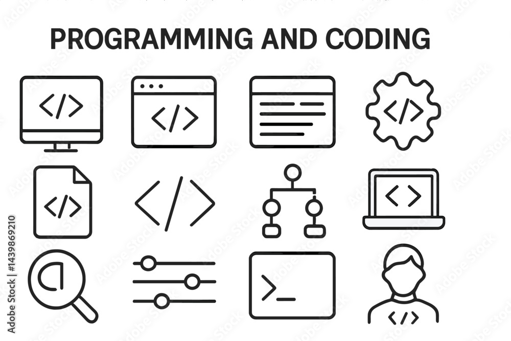 Poster Collection of web icons showcasing programming and coding concepts in a line style for digital design purposes