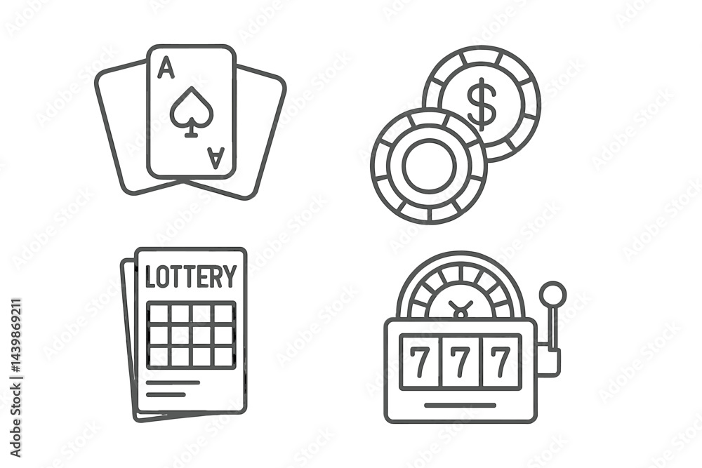 Poster set of web icons depicting gambling elements in line style featuring playing cards, chips, lottery t