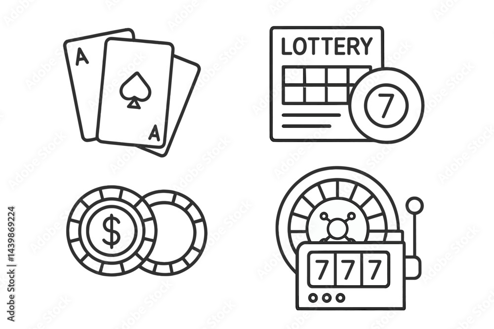 Poster Collection of web icons representing gambling activities in a clean and simple line style for digital design