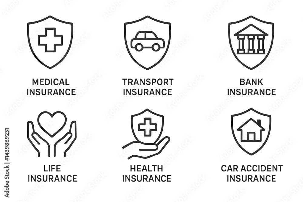 Aufkleber Collection of web icons representing various types of insurance in a clean line style design