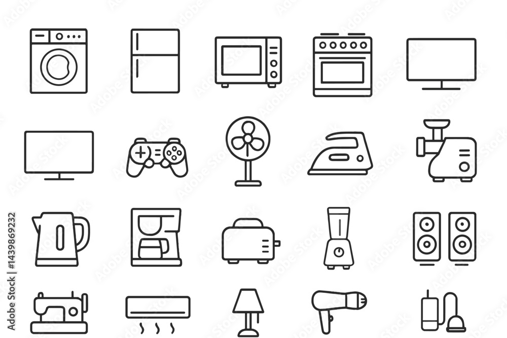 Poster Collection of web icons depicting home appliances and electronic devices in a line art style for effective visual representation