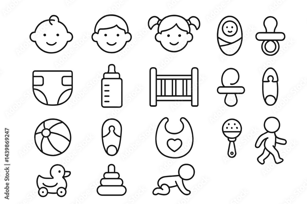 Aufkleber Set of web icons designed in line style showcasing baby-related items and activities for digital applications