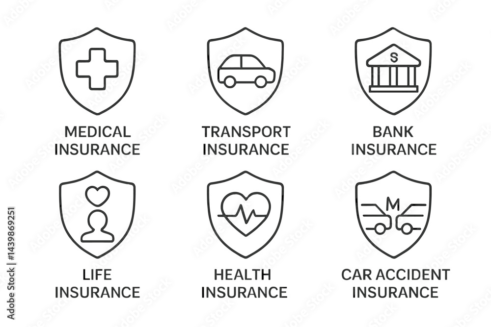 Fototapete Set of web icons featuring various types of insurance in line style for digital design