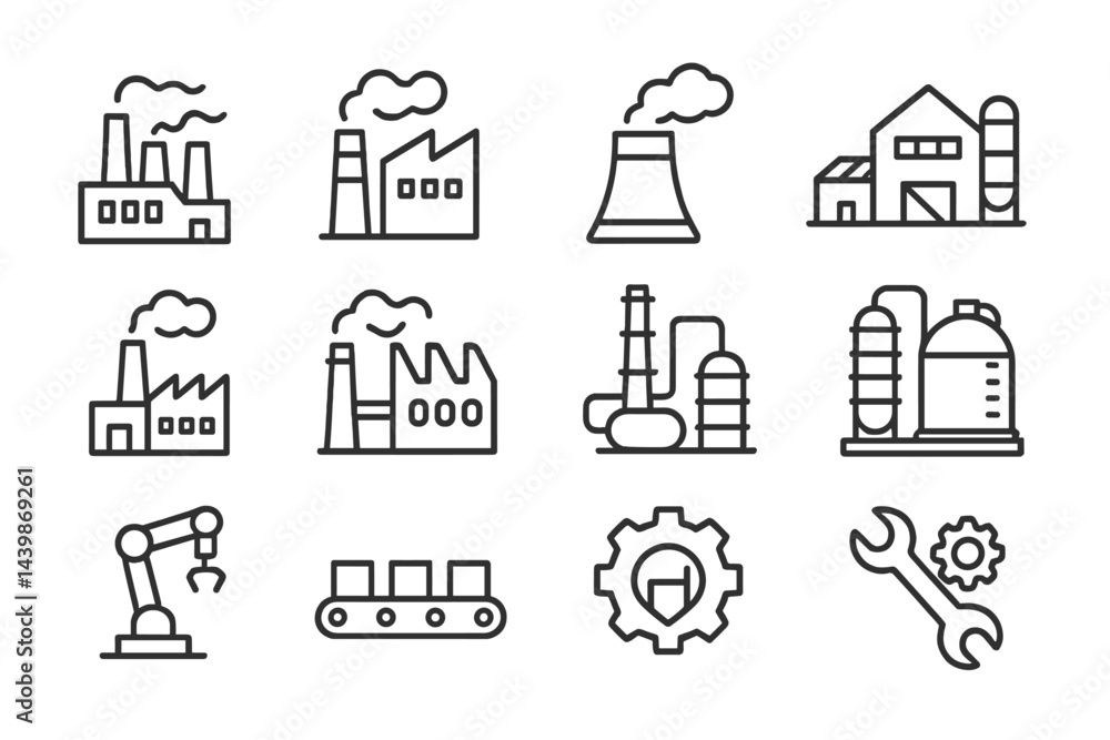 Aufkleber collection of line style web icons representing industrial buildings, machinery, and manufacturing p