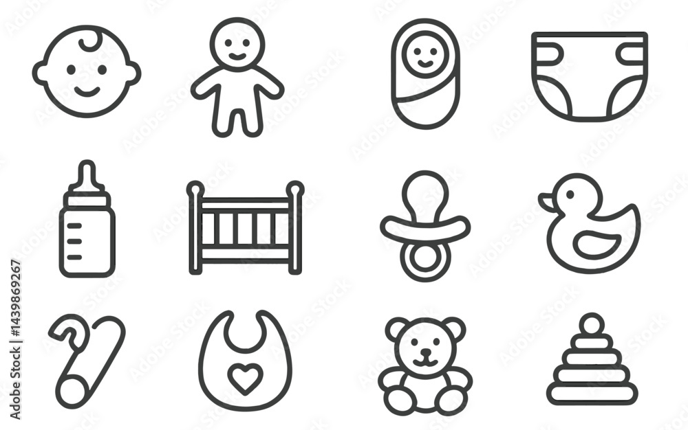 Poster Collection of baby and childcare web icons in line style for digital design and development
