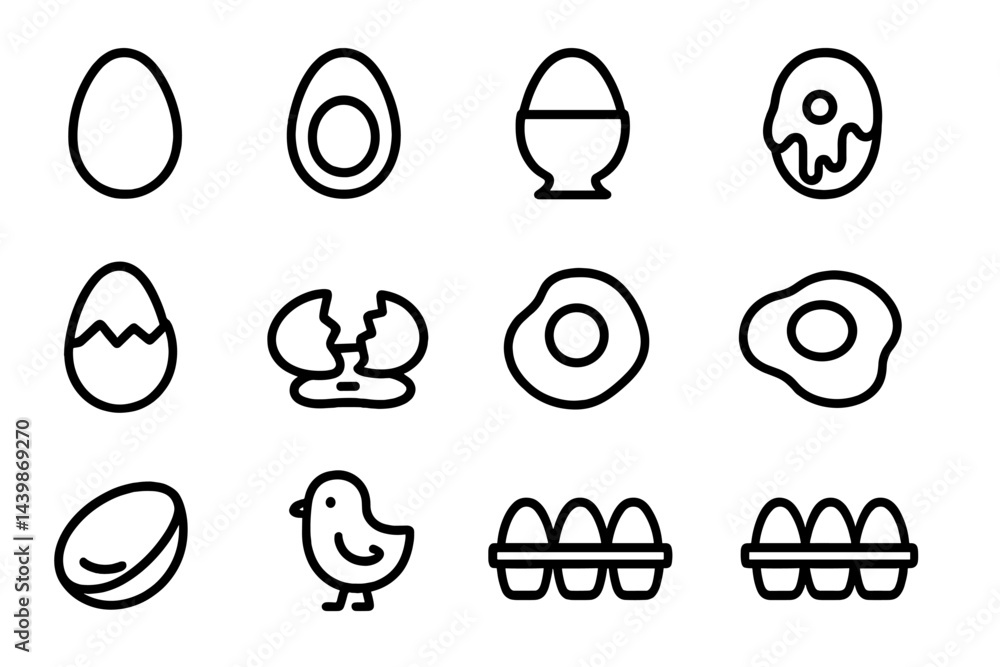 Poster collection of minimalistic line style web icons featuring eggs, birds, and related elements for digi