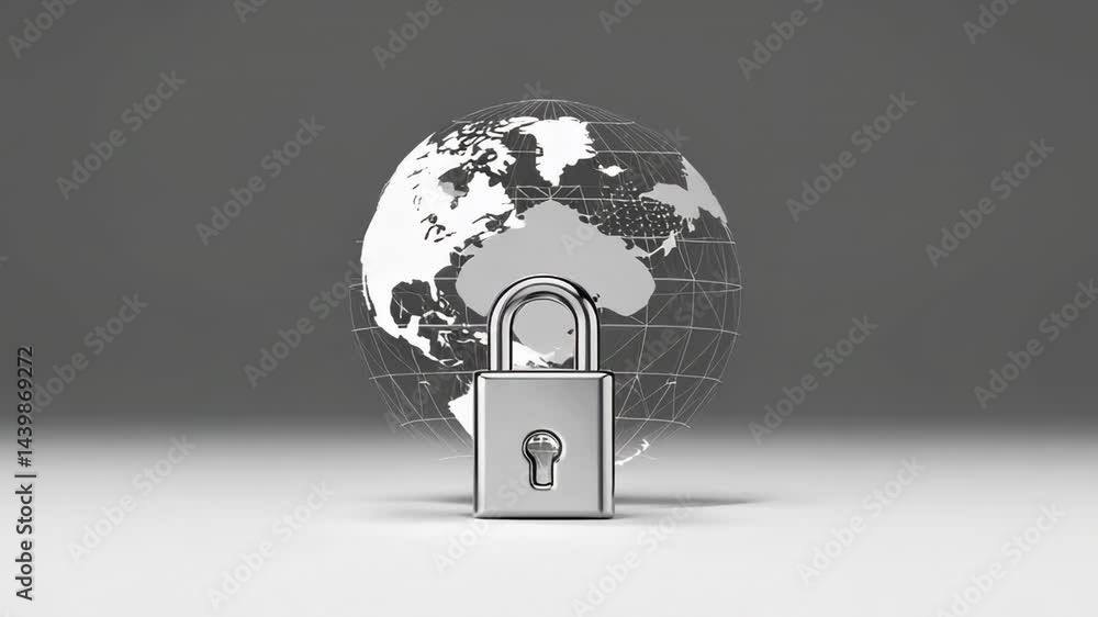 Poster Chrome padlock guarding wireframe globe, representing international digital security and comprehensive data protection against potential cyber threats on gradient background
