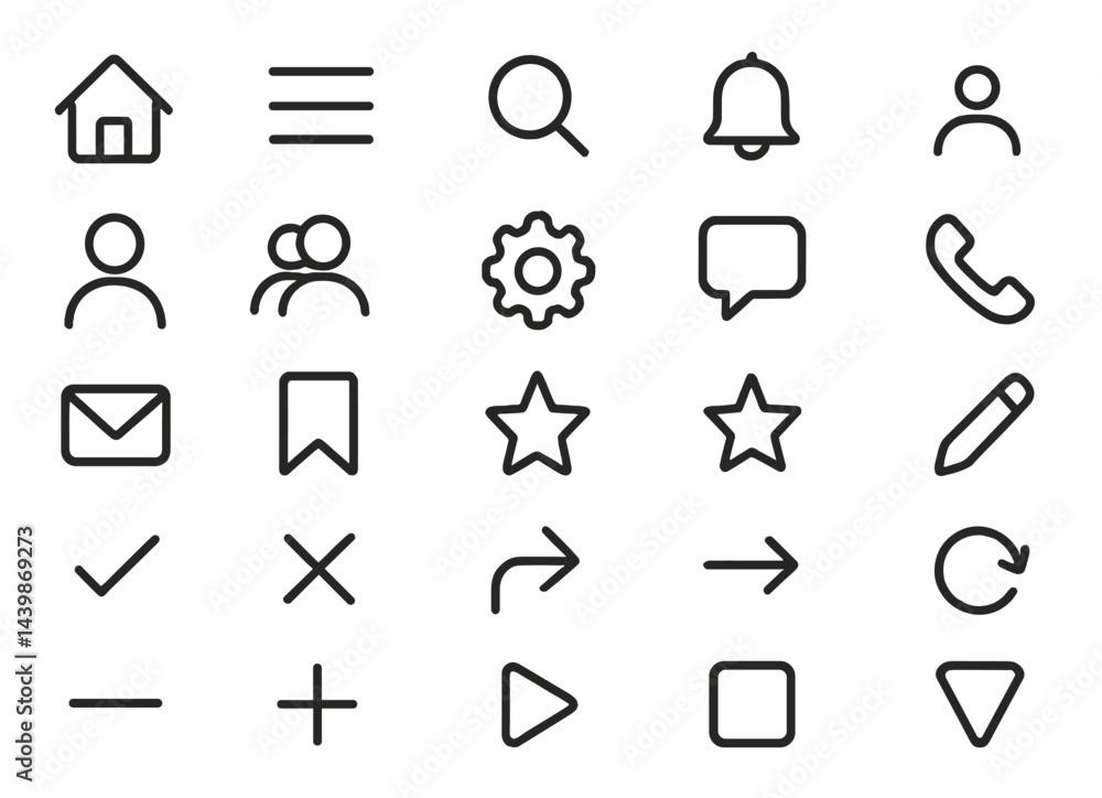 Fototapete Set of web icons featuring line style designs for user interface elements and navigation tools in digital applications