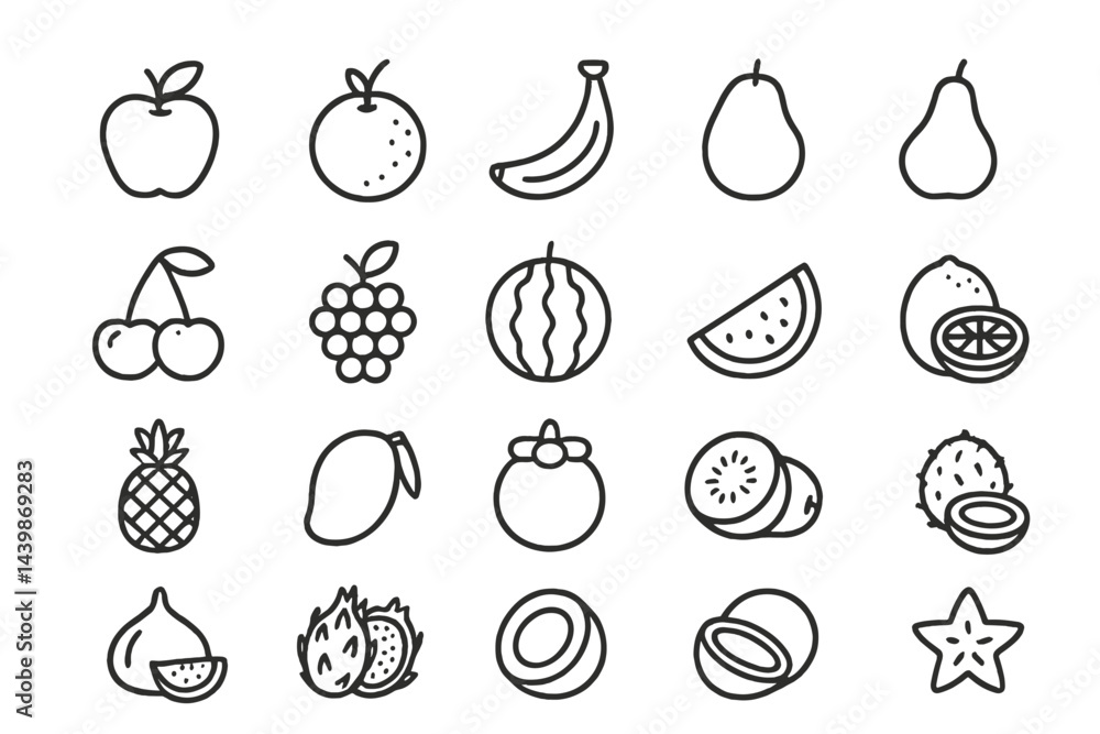 Poster Collection of web icons featuring various fruits designed in a line style for graphic applications
