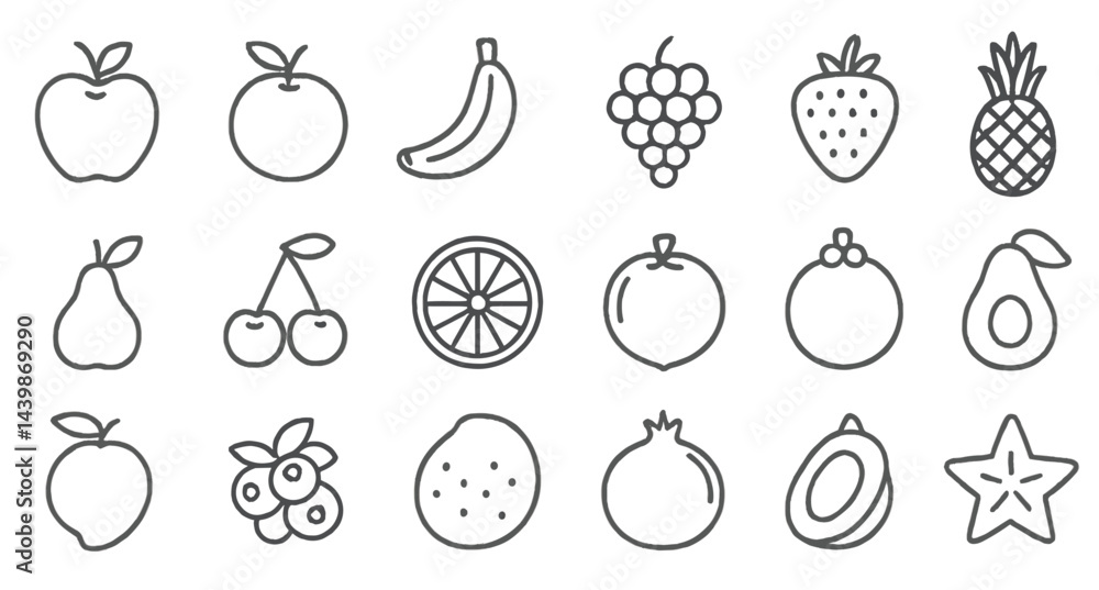 Aufkleber Set of simple line style web icons featuring various fruits for user interface design