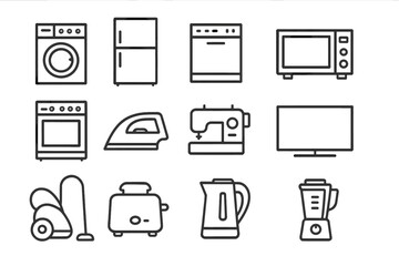 Collection of line style web icons representing common household appliances for easy identification and use