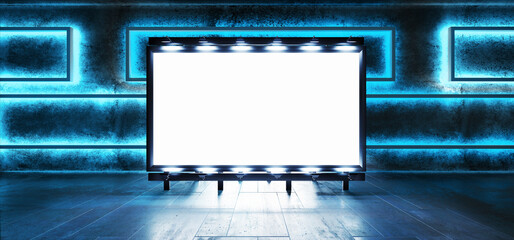 Sci Fi Billboard Showroom Commercial Empty Plane Space Realistic Warehouse Garage Room Studio Light Shadows Concrete Cement Metal Structure 3D Rendering © IM_VISUALS