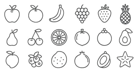 Set of simple line style web icons featuring various fruits for user interface design