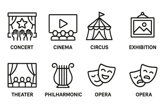 Set of line style web icons representing entertainment venues and activities such as concert, cinema, and theater for online use