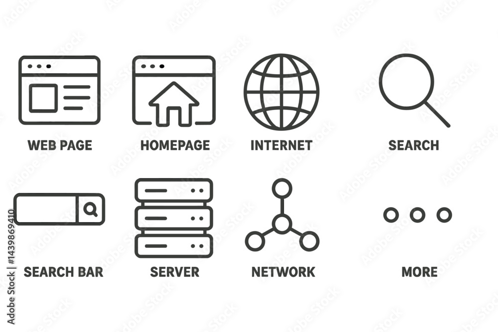 Leinwandbilder Collection of web icons in line style depicting internet functionalities such as search, network, and homepage access