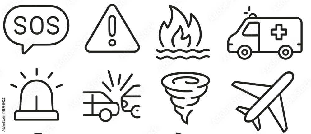 Poster Collection of web icons representing emergency services and alerts in line style for digital applications