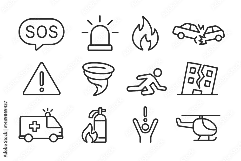 Poster Set of line style web icons depicting emergency scenarios and alerts for effective communication in crisis situations