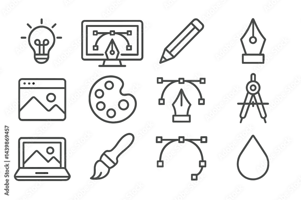 Leinwandbilder Set of web design icons in line style featuring tools and elements for graphic creation and digital art