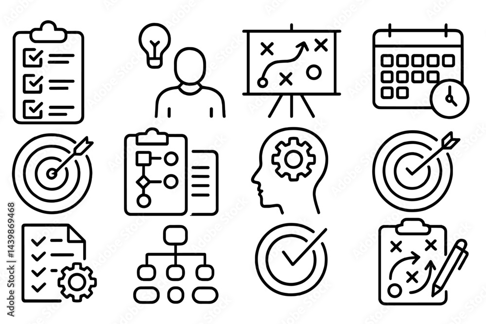 Fototapete Set of line style web icons illustrating planning and productivity concepts for effective management and organization