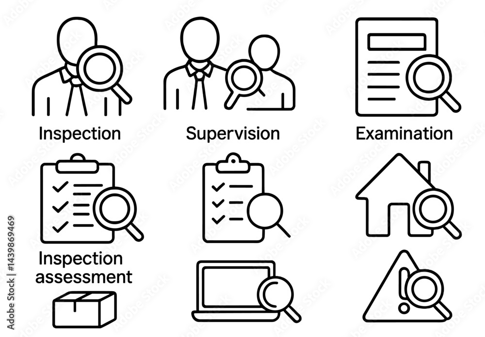 Poster set of web icons representing inspection, supervision, examination, and assessment in a minimalist l