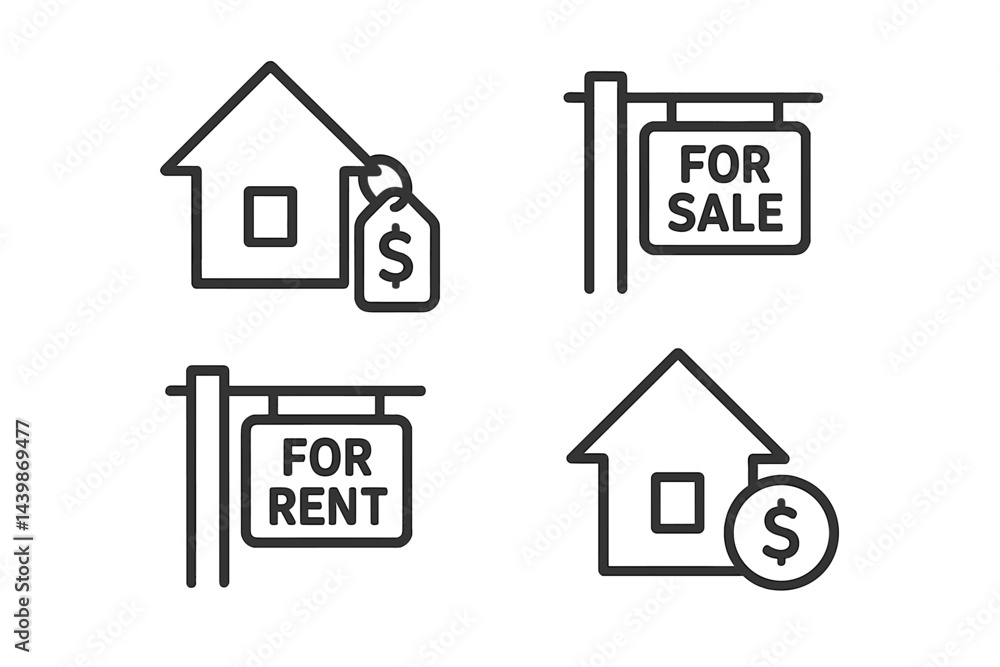 Poster Web icons depicting real estate listings and property transactions in a simple line style design
