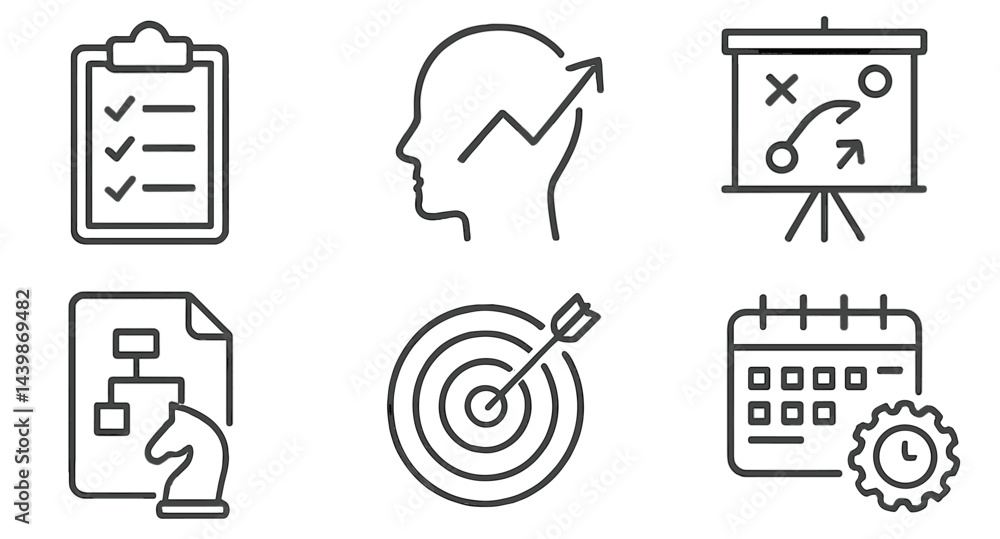 Poster Collection of line style web icons showcasing planning, strategy, and organization elements for digital projects