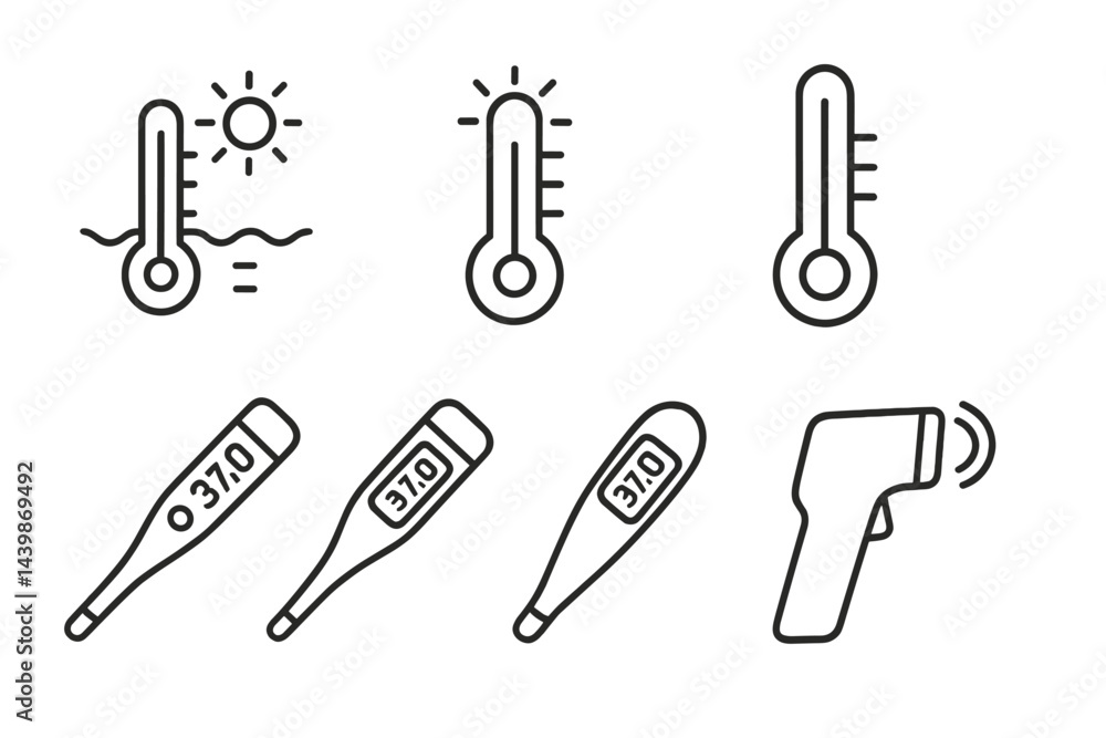 Poster Collection of web icons featuring thermometers in line style for digital applications and user interfaces