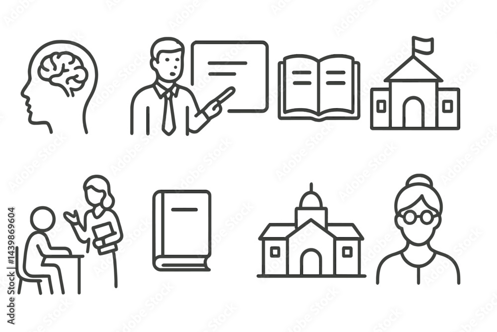 Poster Set of web icons featuring line style educational and academic symbols related to learning and teaching activities