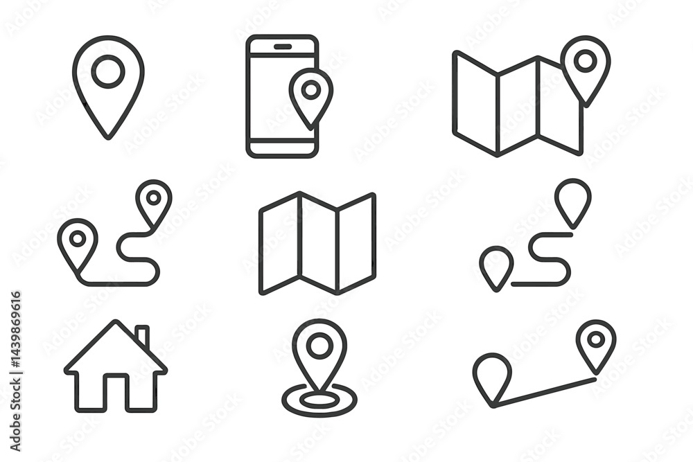 Aufkleber Set of web icons designed in line style featuring location markers, devices, and maps for user-friendly navigation