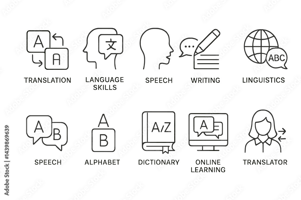 Aufkleber Collection of line style web icons representing translation, language learning, and linguistic skills
