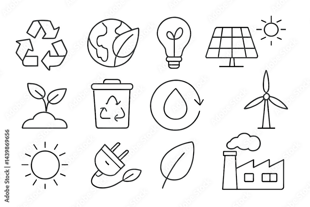 Poster Collection of web icons showcasing environmental themes and renewable energy in a minimalistic line art style