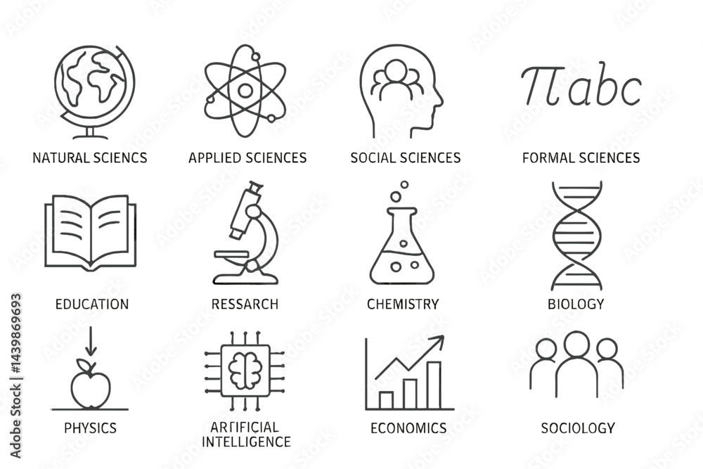 Poster Collection of web icons representing various scientific disciplines and educational themes in line art style