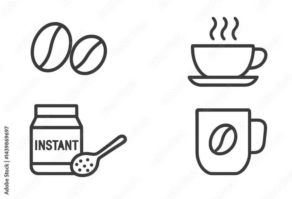 Poster collection of line style web icons depicting coffee-related items including beans, cup, and instant 
