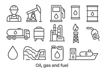 Line style web icons collection depicting oil, gas, and fuel related elements for versatile digital design use