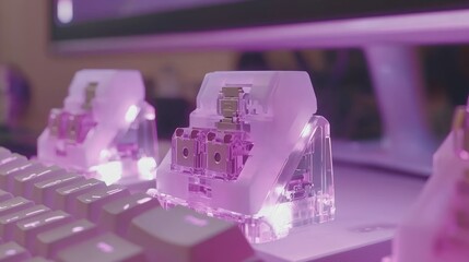 Keyboard mechanical switches detail, pink lighting