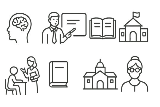 Set of web icons featuring line style educational and academic symbols related to learning and teaching activities