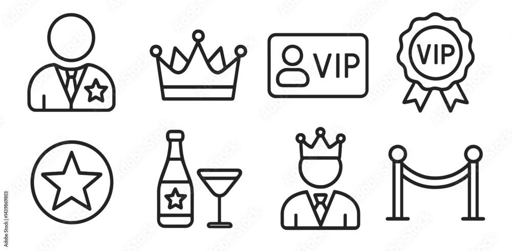 Poster Collection of web icons illustrating VIP and celebration concepts in a simple line style