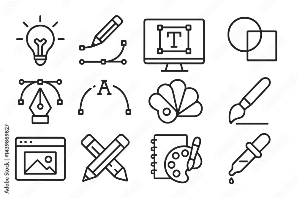 Poster Line style web icons showcasing design tools and elements for creative projects