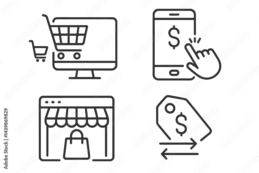 Poster set of web icons in line style showcasing online shopping and payment methods for e-commerce platfor