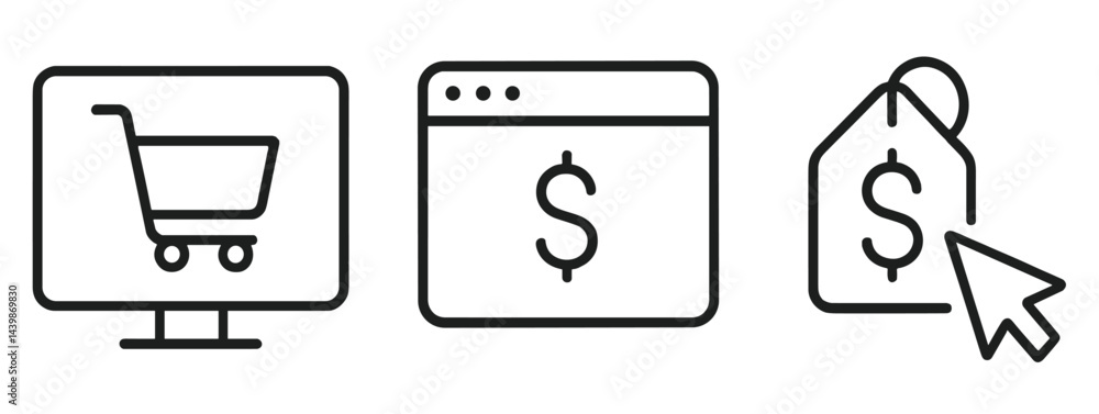 Aufkleber web icons depicting shopping cart, online payment, and price tag activity in a minimal line style fo