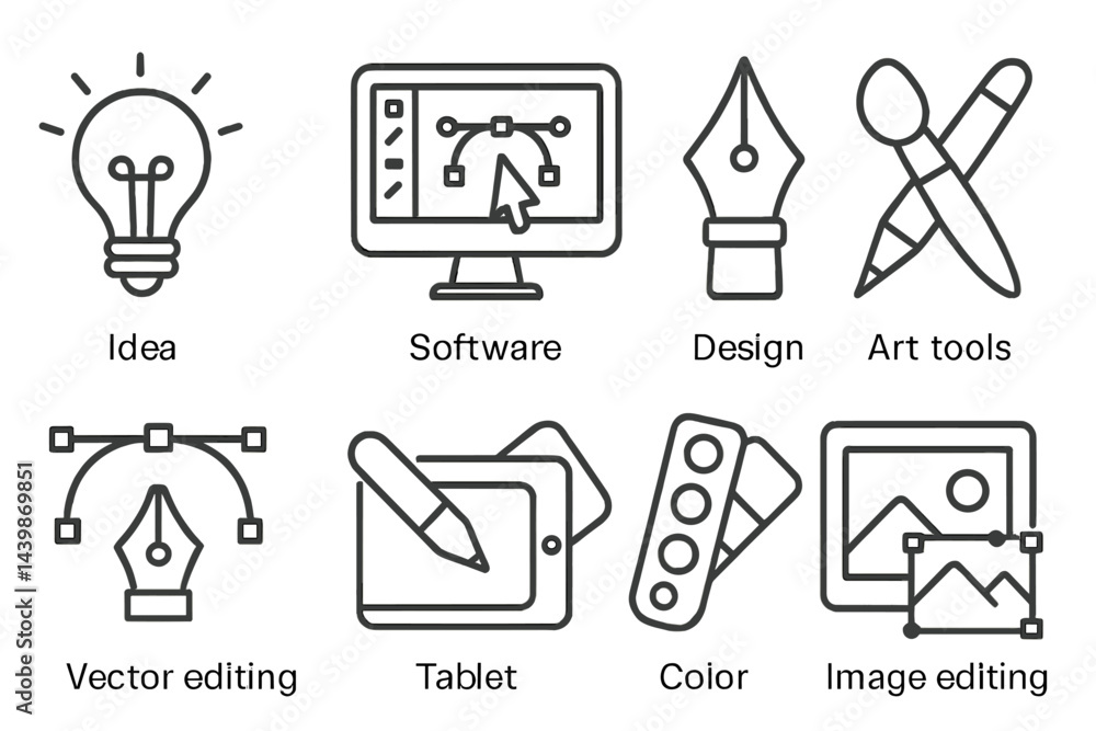Poster Set of web icons featuring design tools and editing software in clean line style for digital projects