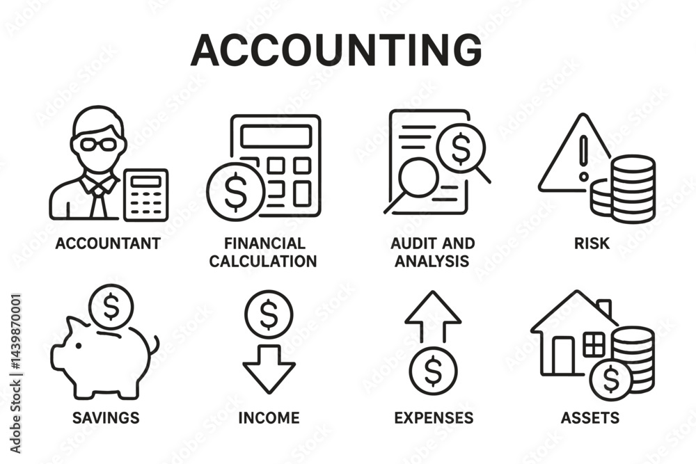 Poster Set of web icons representing various aspects of accounting in line style for digital applications