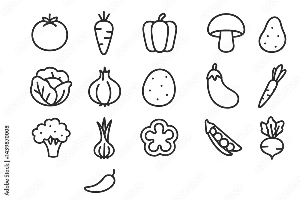 Poster collection of line style web icons representing various vegetables including tomato, carrot, and mus